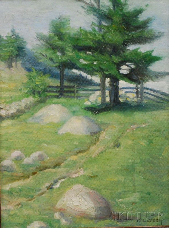 Jonas Joseph LaValley (American, 1858-1930) Landsc: Jonas Joseph LaValley (American, 1858-1930) Landscape with Rocky Field and Pine Trees. Signed "J. J. LaValley" l.r. Oil on canvas mounted to paperboard, 16 x 12 in., framed. Condition: Small paint los
