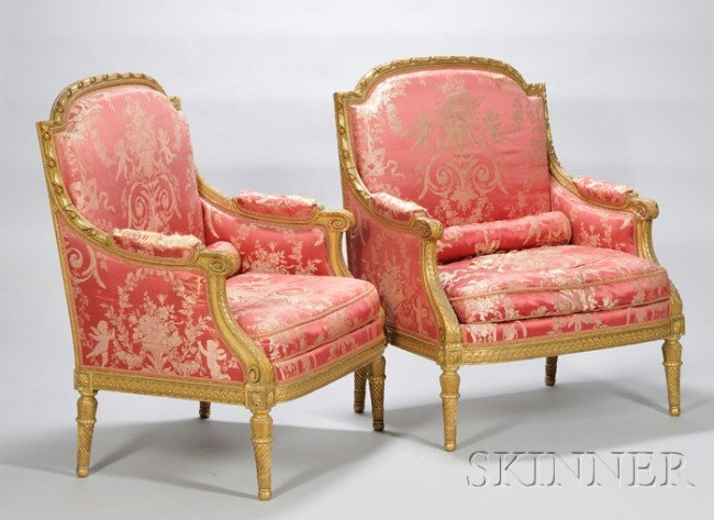 Pair of Large Louis XVI-style Silk Damask Upholste: Pair of Large Louis XVI-style Silk Damask Upholstered Carved Giltwood Bergeres, (silk tears, losses).