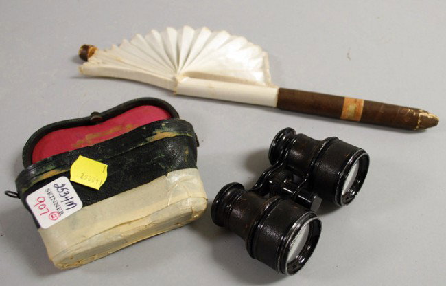 Tiffany & Co. Leather-clad Opera Glasses in a Case: Tiffany & Co. Leather-clad Opera Glasses in a Case and a Cigar-shaped Cased Hand fan labeled "La Flor de Henry Clay Non Plus Ultra de Julian Alvarez."