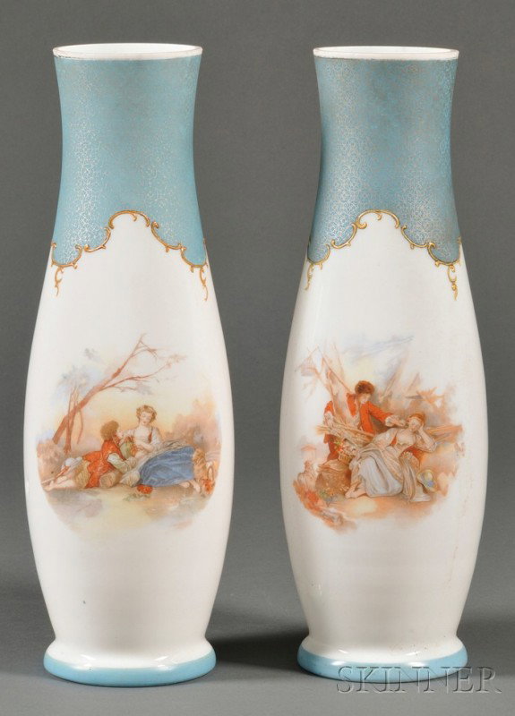 Pair of French Opaline Milk Glass and Transfer Pri: Pair of French Opaline Milk Glass and Transfer Printed Mantel Vases, late 19th/early 20th century, slender tapered milk glass bodies transfer printed at neck with a teal blue band over-printed with si