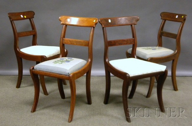 Eight Classical Mahogany and Mahogany Veneer Dinin: Eight Classical Mahogany and Mahogany Veneer Dining Chairs, with needlepoint and damask upholstered slip seats.