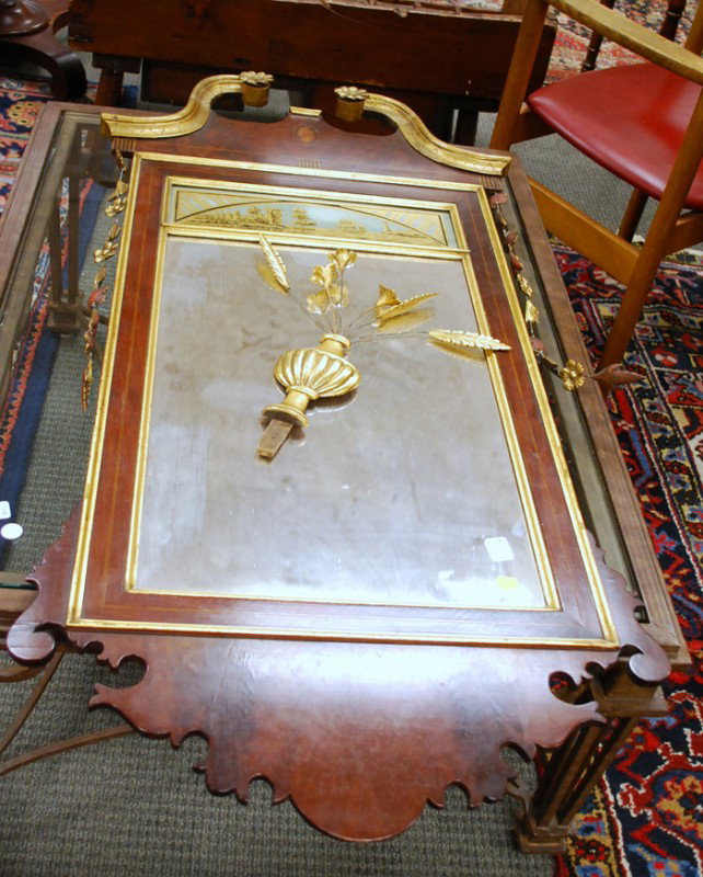 Chippendale Parcel-gilt and Inlaid Mahogany Veneer: Chippendale Parcel-gilt and Inlaid Mahogany Veneer Mirror with Eglomise Glass Tablet, with label on reverse "Invited for Inaugural Exhibition of Dedication of Columbus Gallery of Fine Art, January and
