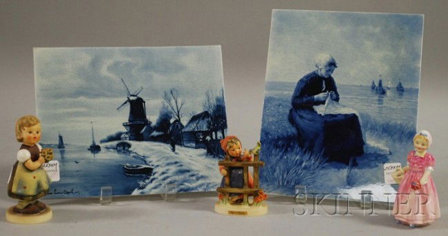 Five Collectible European Ceramic Items, two smal: Five Collectible European Ceramic Items, two small Hummel/Goebel figures, "Signs of Spring" and "For Mother," a small Royal Doulton figure, "Tinkle Bell," and two large Delft tiles, a Louis Apol lands