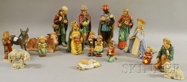 Seventeen-piece Hummel Ceramic Nativity Set, incl: Seventeen-piece Hummel Ceramic Nativity Set, including the Virgin Mary, Joseph, the Christ child, three wise men, angels, and animals, ht. to 12 3/4 in.