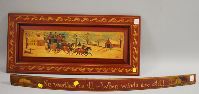 Large Group of Painted Folk Art Items, a Susan No: Large Group of Painted Folk Art Items, a Susan Nolan painted Concord winter coach scene panel, two E. Dean polychrome paint-decorated fancy boards, an E. Dean whistle and waterfront scene stave, a Hel