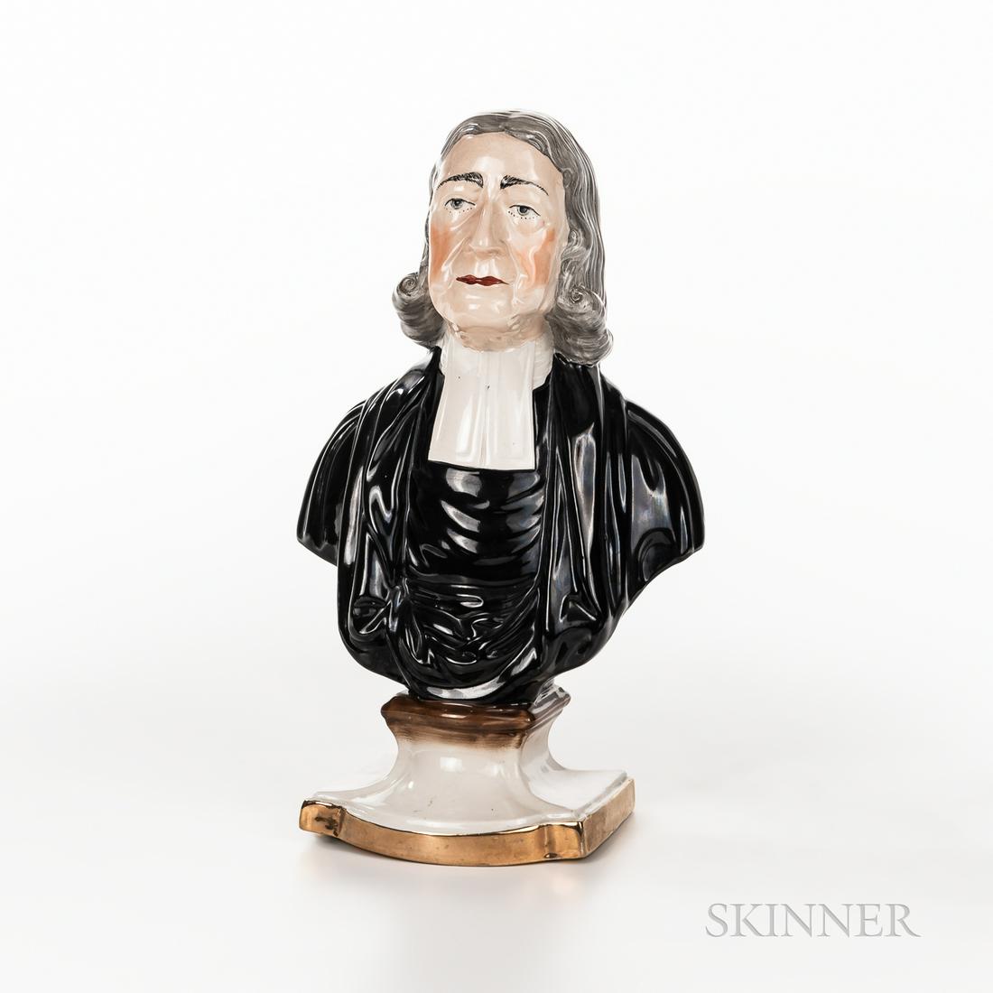 Earthenware Portrait Bust of John Wesley, England,: Earthenware Portrait Bust of John Wesley, England, early 19th century, after a model by Enoch Wood, polychrome enamel decorated and with a gold lustre foot rim, ht. 11 1/2 in.