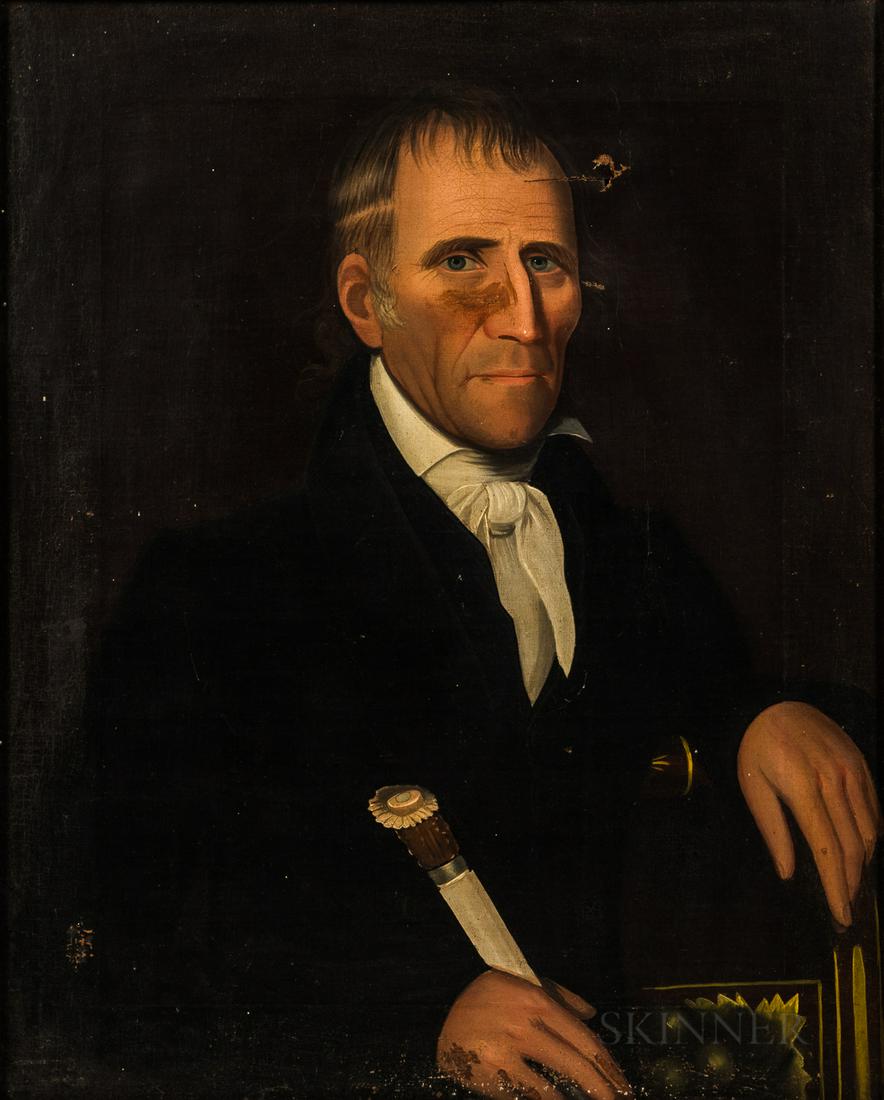 Ammi Phillips (Connecticut/New York, 1788-1865),: Ammi Phillips (Connecticut/New York, 1788-1865) Portrait of a Gentleman Holding a Horn-handled Cane. Unsigned. Oil on canvas, the gentleman's arm hangs on the back of a painted chair, 31 x 24 3/4 in.