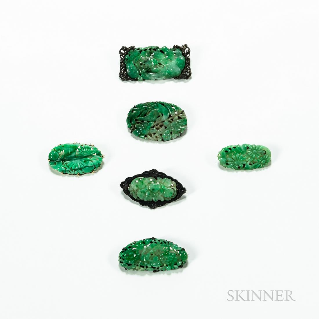 Six Pins with Apple Green Jadeite Plaques, China, two 14K gold oval ones topped with openwork (1 of 1)
