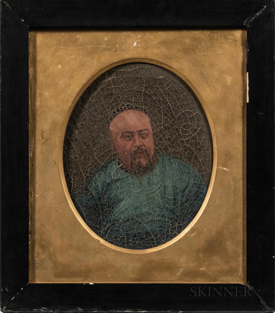 Oil Portrait of a Chinese Hong Merchant, China, 19th century, dressed in a blue robe wearing a hat,: Oil Portrait of a Chinese Hong Merchant, China, 19th century, dressed in a blue robe wearing a hat, on canvas, in an oval gilt mat frame, overall, 16 5/8 x 14 1/2, painting 12 1/2 x 10 1/4 in.