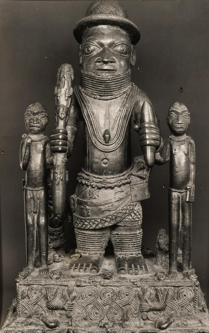 Walker Evans (American, 1903-1975), Benin bronze statue, inscribed "Walker Evans," in pencil verso,: Walker Evans (American, 1903-1975), Benin bronze statue, inscribed "Walker Evans," in pencil verso, with other writing, gelatin silver print, matted, (glue residue verso), size of photo 9 1/4 x 6 1/8