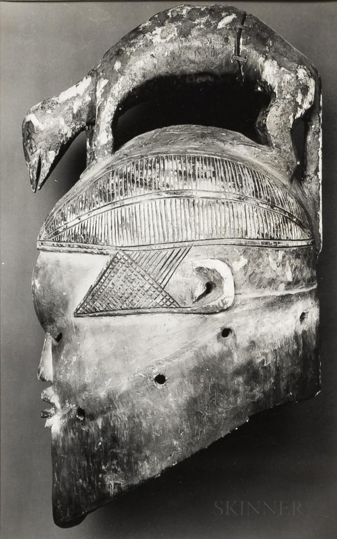 Walker Evans (American, 1903-1975), Congo Helmet mask, with Walker Evans studio stamp verso, MOMA: Walker Evans (American, 1903-1975), Congo Helmet mask, with Walker Evans studio stamp verso, MOMA catalogue number 454, Evans photograph number 420 inscribed in pencil, verso, gelatin silver print, ma