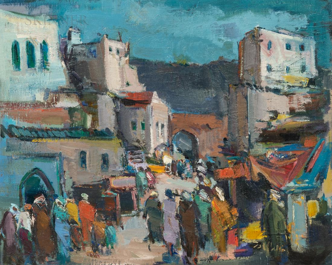 Khalid Al-Jadir (Iraqi, 1924-1988), Crowded Street, Signed in Arabic lower right., Condition: Minor (1 of 4)