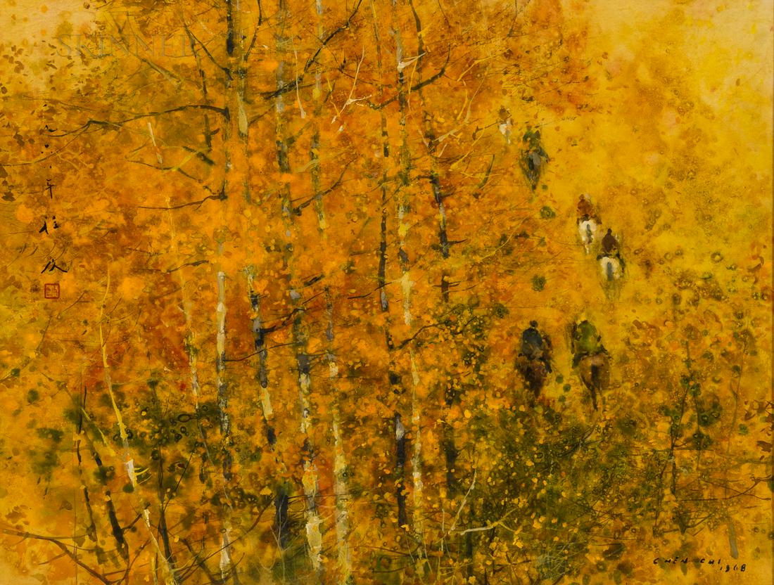 Chen Chi (Chinese/American, 1912-2005), Riders in Central Park, Autumn, Signed and dated "CHEN: Chen Chi (Chinese/American, 1912-2005) Riders in Central Park, Autumn Signed and dated "CHEN CHI/1968" lower right, dated and signed in Chinese and with the artist's seal upper left. Watercolor and go
