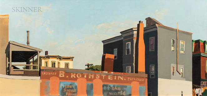 George Bentley Nick (American, b. 1927), Cambridge Street, Inscribed, dated, and signed "Cambridge: George Bentley Nick (American, b. 1927) Cambridge Street Inscribed, dated, and signed "Cambridge St. Cambridge/25 August 1973/George Nick" incised upper left. Oil on canvas, 20 1/2 x 42 1/2 in