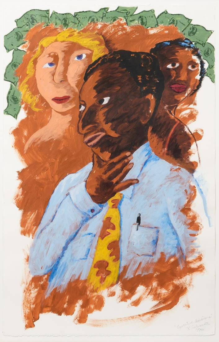 Robert Colescott (American, 1925-2009), Executive Decisions, Titled, signed, and dated ".../R.: Robert Colescott (American, 1925-2009) Executive Decisions Titled, signed, and dated ".../R. Colescott/1990" in pencil lower right. Oil on paper, 40 1/2 x 26 in. (102.9 x 66.0 cm), framed.