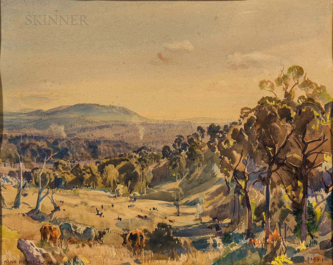 Sir Hans Heysen (Australian, 1877-1968), Broad Landscape with Grazing Cows and Distant Hills, Signed (1 of 4)