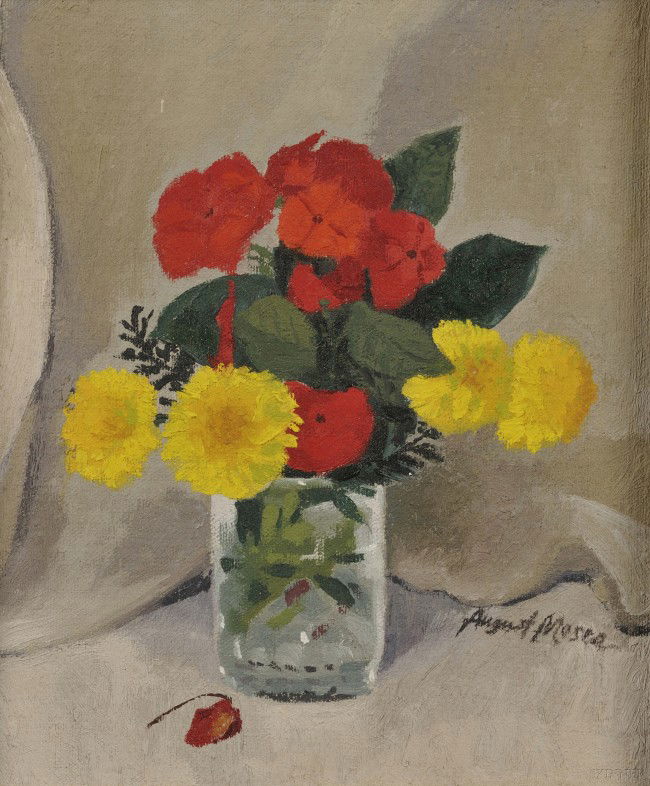 August Mosca (American, 1909-2002) Still Life with: August Mosca (American, 1909-2002) Still Life with Geraniums and Marigolds. Signed l.r. Oil on canvasboard, 9 1/2 x 8 in., framed. Condition: Surface grime, minor abrasions.
