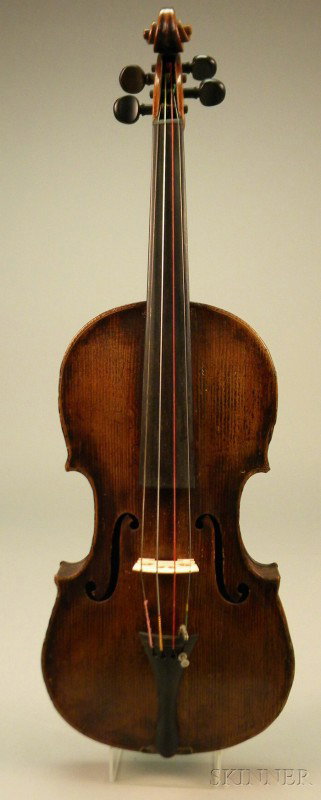 German Violin, c. 1900, bearing the repair label B: German Violin, c. 1900, bearing the repair label BRIDGEPORT, CONN, STEPHEN HAVANICH REP 1950, length of one-piece back 14 5/16 in., 362 mm.