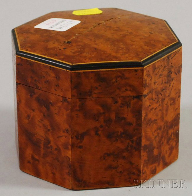 Octagonal Inlaid Burlwood Veneer Tea Caddy, with t: Octagonal Inlaid Burlwood Veneer Tea Caddy, with tin lining, ht. 3 5/8, wd. 4 3/4 in.