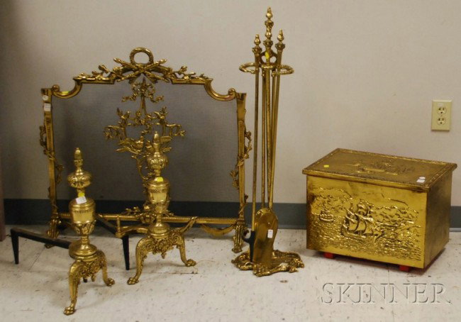 Group of Brass Fireplace Equipment, a pair of andi: Group of Brass Fireplace Equipment, a pair of andirons, a set of three tools with stand, a fireplace screen, and a repousse kindling box.