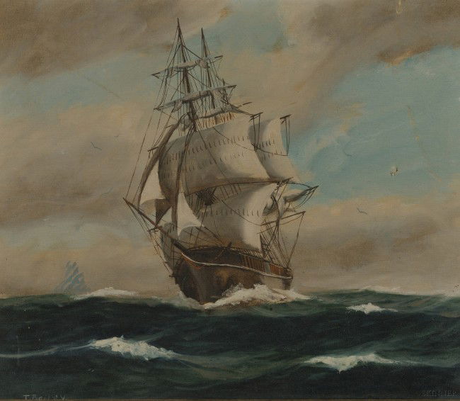 Lot of Two Framed Oil on Canvas Ship Portraits, a: Lot of Two Framed Oil on Canvas Ship Portraits, a clipper ship under sail, signed "T. Bailey" l.l., possibly by William Frederick Paskell (American, 1866-1951), and a three-masted sailing ship in roug