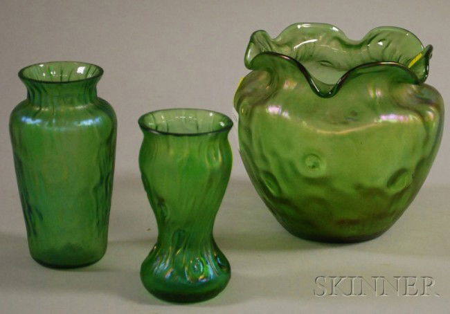 Three Loetz-type Iridescent Green Art Glass Vases,: Three Loetz-type Iridescent Green Art Glass Vases, the larger with polished pontil, ht. to 5 1/4 in.