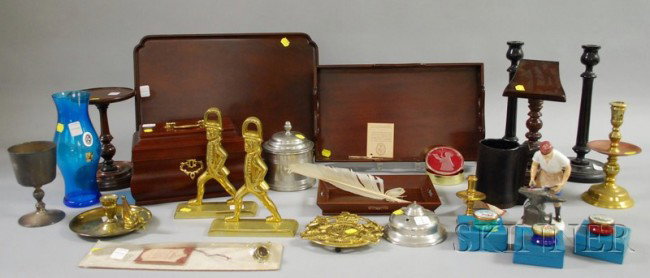 Collection of Colonial Williamsburg Restoration De: Collection of Colonial Williamsburg Restoration Decorative Items, including a pewter inkwell, tobacco jar, snuffer, silver-plated goblet, a pair of brass Hessian figural doorstops, brass armorial triv