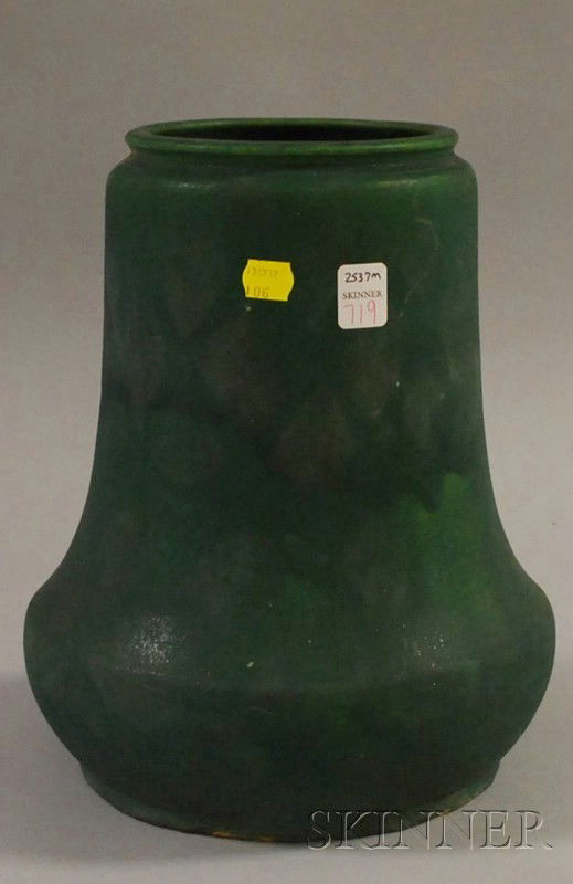 Wheatley Pottery Attributed Matte Green Glazed Vas: Wheatley Pottery Attributed Matte Green Glazed Vase, unsigned, (small foot chips), ht. 12, top opening dia. 5 1/8 in.