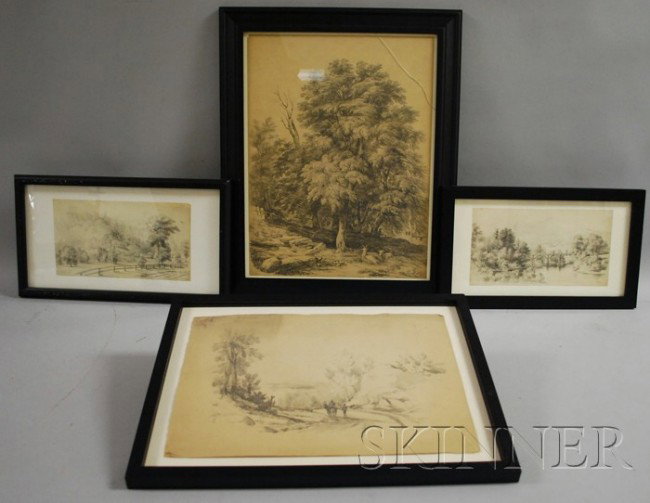 Lot of Four Pencil Drawings by Edward Seager (Amer: Lot of Four Pencil Drawings by Edward Seager (American, 1809-1886) Fairlie Rock X Church Vt, Hillside Landscape with Trees and Goats, Trestle Bridge Across a River, and