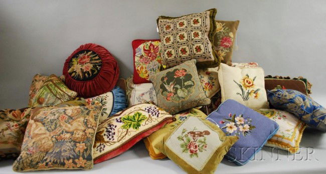 Approximately Twenty-one Decorative Throw Pillows,: Approximately Twenty-one Decorative Throw Pillows, including needlepoint, a Fortuny, embroidered, various fabrics and upholstery fabric.