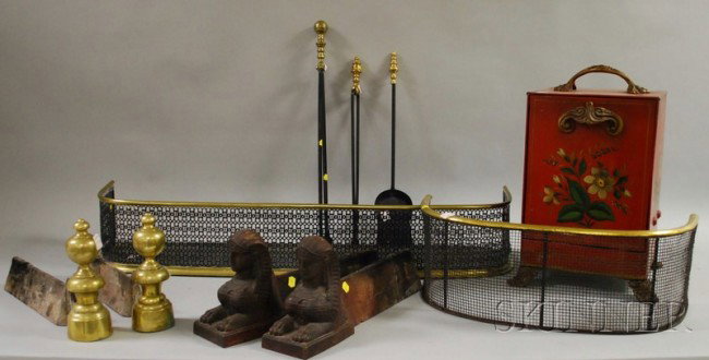 Group of Fireplace and Hearth Accessories, includi: Group of Fireplace and Hearth Accessories, including a pair of cast iron Egyptian Revival sphinx chenet, a pair of turned brass chenet, a small brass and wire D-shaped fireplace fender, a brass and re