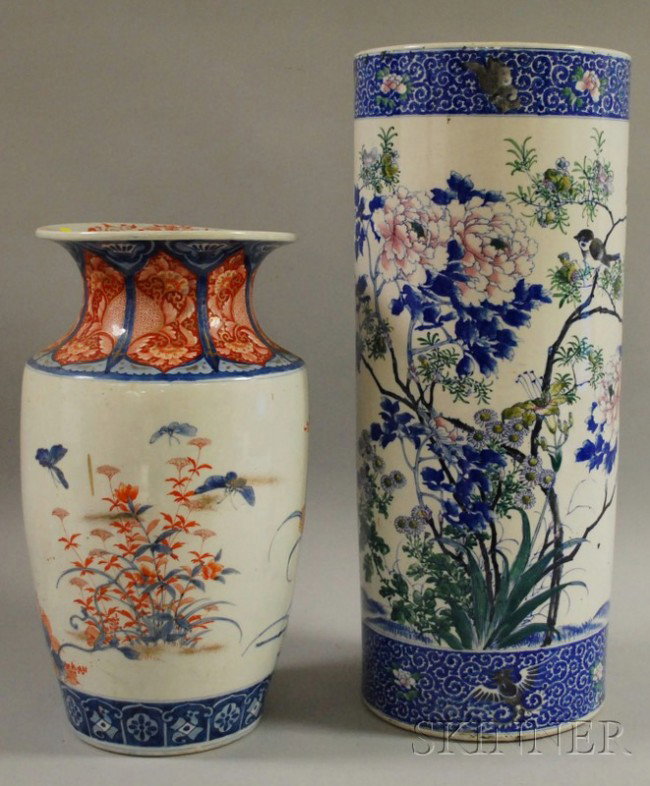 Japanese Porcelain Umbrella Stand and Imari Porcel: Japanese Porcelain Umbrella Stand and Imari Porcelain Vase, ht. 24 1/4, dia. 10, and ht. 18 in., respectively.