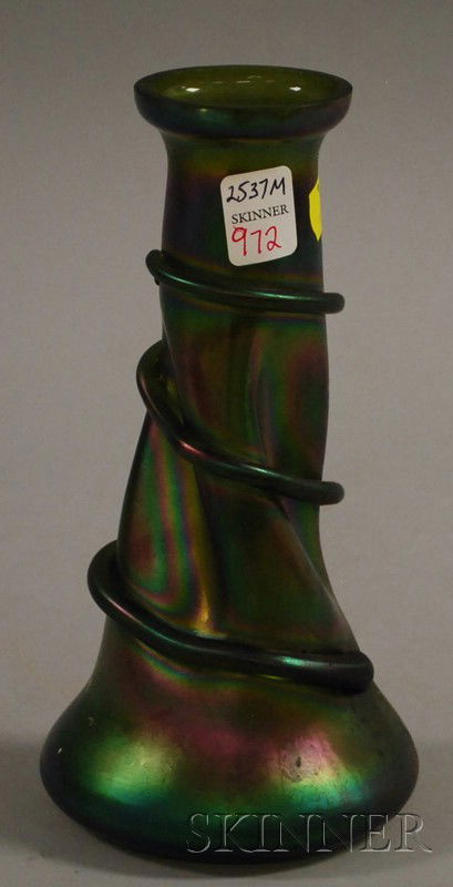 Loetz-type Iridescent Green Art Glass Vase, with a: Loetz-type Iridescent Green Art Glass Vase, with applied tendril decoration, (rim chips), ht. 9 in.