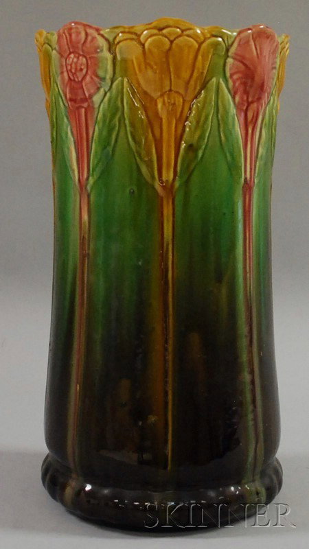Majolica Glazed Art Pottery Umbrella Stand, Weller: Majolica Glazed Art Pottery Umbrella Stand, Weller or Roseville, ht. 20, dia. 10 3/4 in.