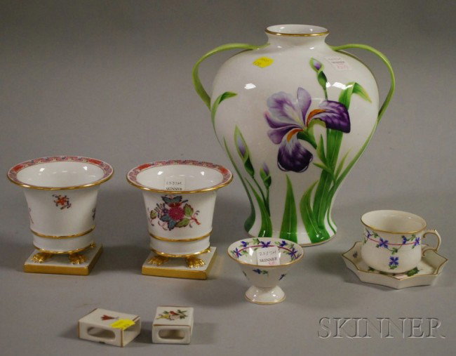 Herend Iris-decorated Porcelain Vase and Seven Sm: Herend Iris-decorated Porcelain Vase and Seven Small Herend Decorated Porcelain Articles, a pair of small vases, a cup, pin tray, a pair of match sleeves, and a footed bowl.