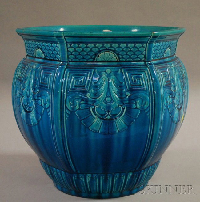 Mintons Turquoise Glazed Pottery Jardiniere, impr: Mintons Turquoise Glazed Pottery Jardiniere, impressed marks, (crack, crazing), approx. ht. 14 3/8, dia. 17 1/4 in.