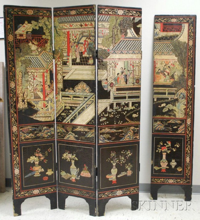 Chinese Export Coromandel Four-panel Floor Screen: Chinese Export Coromandel Four-panel Floor Screen, ht. 72 1/4, panel wd. 16 1/4 in.