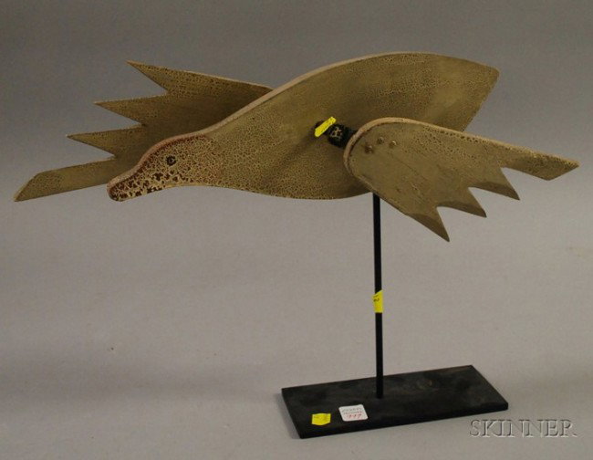 Carved and Painted Wooden Flying Duck Whirligig a: Carved and Painted Wooden Flying Duck Whirligig and Four Wooden Decoys and Figures.