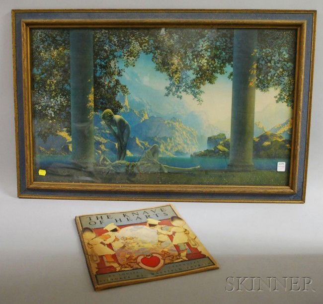Framed Maxfield Parrish Print Daybreak and Illust: Framed Maxfield Parrish Print Daybreak and Illustrated Book The Knave of Hearts, the print in original frame, overall frame size 21 1/2 x 33 1/2 in.