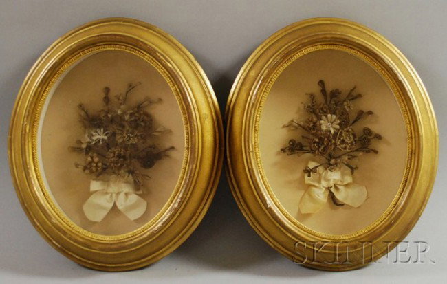 Pair of 19th Century Oval Gilt-wood Framed Hairwo: Pair of 19th Century Oval Gilt-wood Framed Hairwork Floral Bouquet Shadow Boxes, overall lg. 13 in.