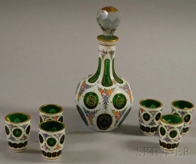 Seven-piece Bohemian Gilt and Hand-painted Cased : Seven-piece Bohemian Gilt and Hand-painted Cased White Cut-to-Green Glass Cordial Set, a decanter and six glasses.