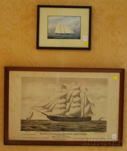 Two Framed Prints of Sailboats, Bark Catalpa, of: Two Framed Prints of Sailboats, Bark Catalpa, of New Bedford, and Tim Thompson, 1851 - America defeats the British fleet, sizes 13 3/4 x 21 1/2 and 4 1/2 x 6 3/8 in., respectively, (foxing to Catalpa