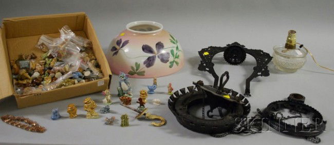 Hanging Metal and Hand-painted Glass Lamp and a L: Hanging Metal and Hand-painted Glass Lamp and a Large Group of Ceramic Wade Figures, purple and green floral decoration over a single light, shade dia. 13 3/4 in., (electrified), the wades include Tom