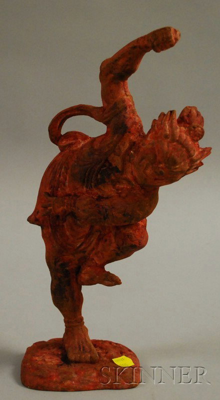 Cast Iron Buddhist Demon Figure, depicted as stan: Cast Iron Buddhist Demon Figure, depicted as standing on one leg, red patinated finish, ht. 13 1/2 in.