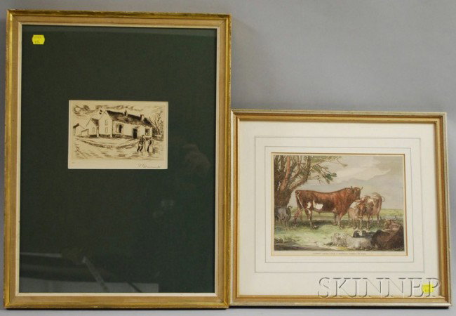 Two Framed Works of Art, a small pen-and-ink sket: Two Framed Works of Art, a small pen-and-ink sketch of a cottage, signed indistinctly l.r. and numbered "57" l.l., and a hand-colored engraving Alderney Cattle. - From a Celebrated Painting by Ward, s