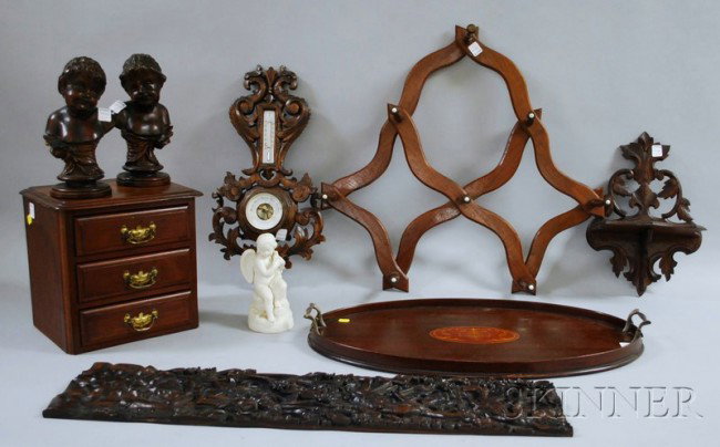 Group of Assorted Wooden Decorative Accessories, : Group of Assorted Wooden Decorative Accessories, a Victorian carved walnut folding wall shelf, wall thermometer/barometer, three-drawer trinket chest, wall coat rack, a parian cherub figure, a pair of