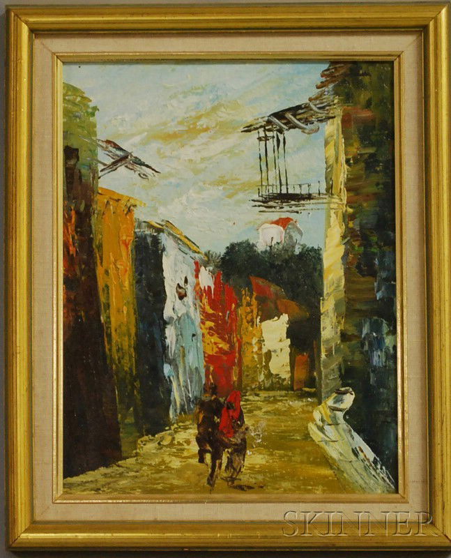 Attributed to Eugene Berman (Russian/American, 18: Attributed to Eugene Berman (Russian/American, 1899-1972) Street Scene. Unsigned, "Berman" written in pencil on the reverse. Oil on canvasboard, 10 x 7 3/4 in., framed. Condition: Minor losses.
