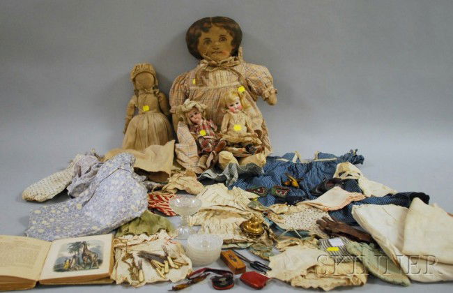 Four Dolls with an Assortment of Doll Clothes and: Four Dolls with an Assortment of Doll Clothes and Child's Animal Book, including a painted oil cloth, a folk cloth, and two bisque head dolls.