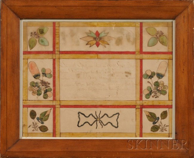 Framed Fraktur Birth Certificate, Union County, Pen: Framed Fraktur Birth Certificate, Union County, Pennsylvania, 1817, watercolor and ink on paper inscribed with the vital statistics in ink for Samuel Spotts, b. January 24, 1817, son of Peter and Mari