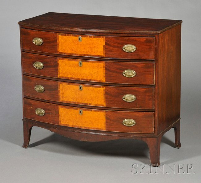 Federal Birch, Mahogany, and Bird's-eye Maple Venee: Federal Birch, Mahogany, and Bird's-eye Maple Veneer Inlaid Chest of Drawers, New Hampshire, c. 1810, brasses appear to be original, old refinish, (imperfections), ht. 35 3/4, wd. 40, dp. 21 1/2 in.